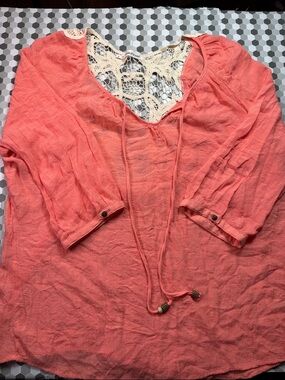 Maurices Coral Peasant Tunic with Cream Crochet Back